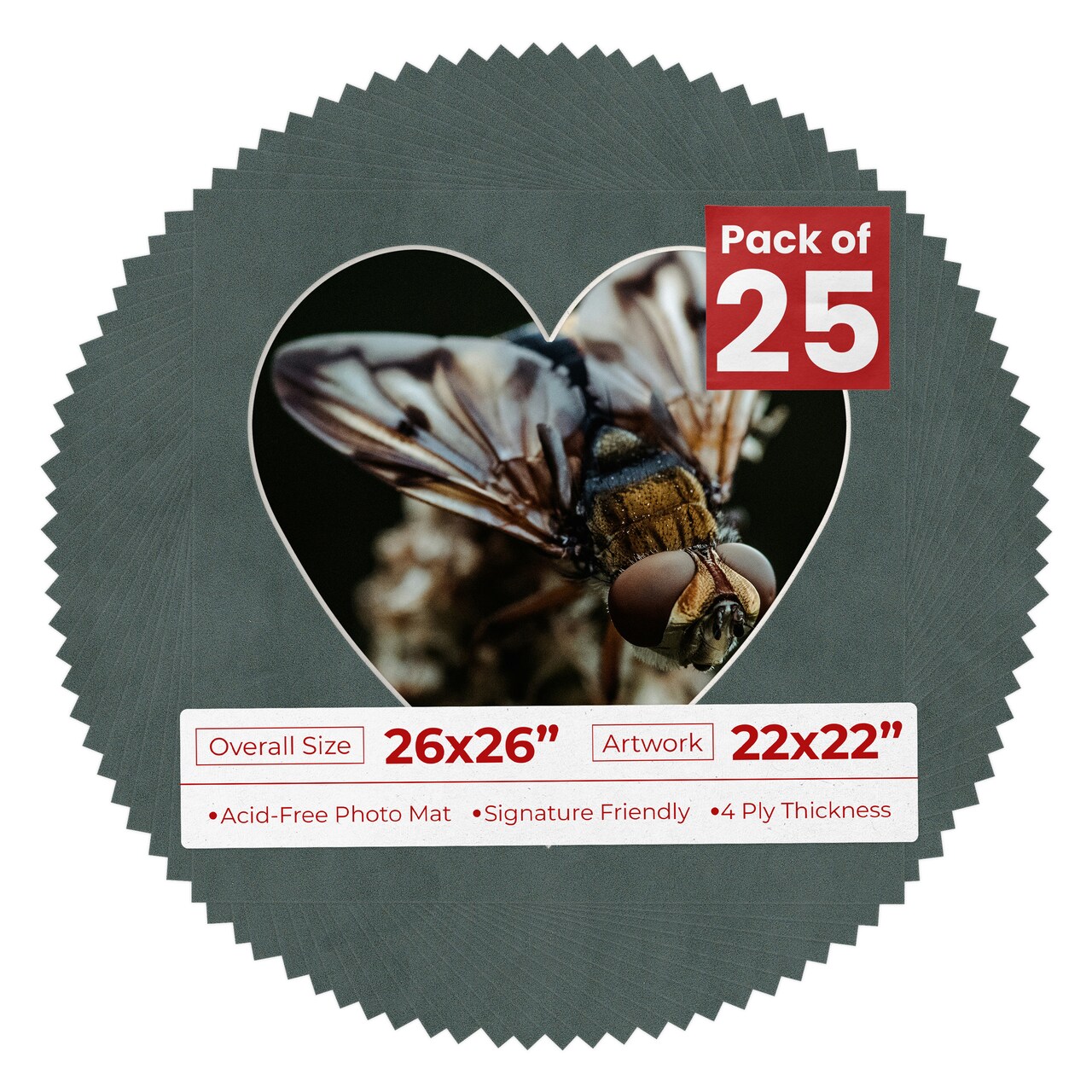Dark Grey Suede Mat Board for 26x26 Frames - Heart Opening for 22x22 Photos